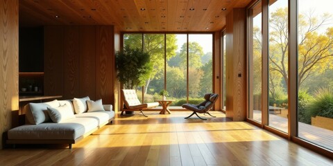 Fototapeta premium Modern sunlit interior design featuring hardwood floors, expansive windows overlooking tranquil nature, comfortable seating, and warm wood paneling.