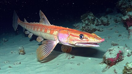 Solitary Sawtooth Barracuda underwater close up in natural sea habitat with reef and sandy ocean floor