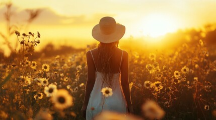 Fototapeta premium Silhouette of woman standing in a field of flowers during sunset.