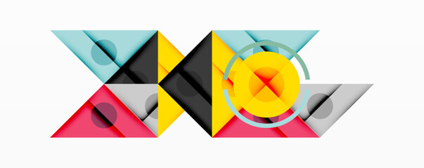 Abstract geometric composition with intersecting triangles, circles, and gradients, creating a dynamic layered pattern with depth and contrast