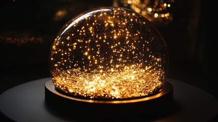 Illuminated glass sphere, glowing lights, dark interior, holiday ambiance