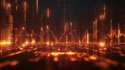 Naklejka premium Futuristic cityscape at night with glowing orange lines and data streams.