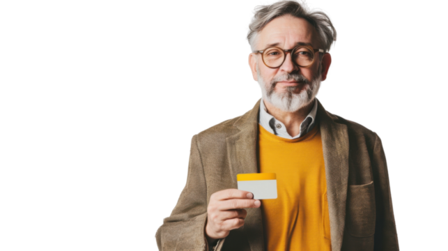 Senior professor showing blank business card on transparent background