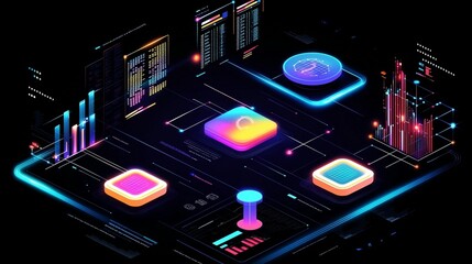 Futuristic digital interface with colorful data blocks and glowing lines, illustrating technological innovation and data processing.