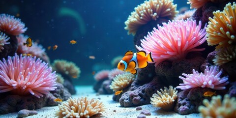 Fototapeta premium A vibrant underwater scene featuring an orange and white fish swimming amidst a colorful coral reef, surrounded by various sea anemones and smaller fish.