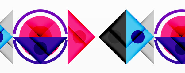 Abstract geometric composition with overlapping triangles, circles, and gradients, featuring a central circular design with text