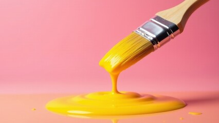 A vibrant yellow paint drips elegantly from a paintbrush onto a soft pink surface, creating a captivating artistic moment.