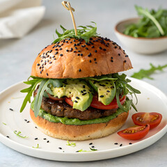 A delicious burger with a toasted sesame bun, fresh arugula, avocado slices, tomato, and a juicy patty, served on a white plate with cherry tomatoes.