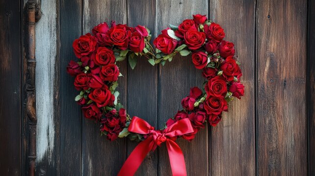 Romantic roses heart shape wreath with red ribbon on wooden door background