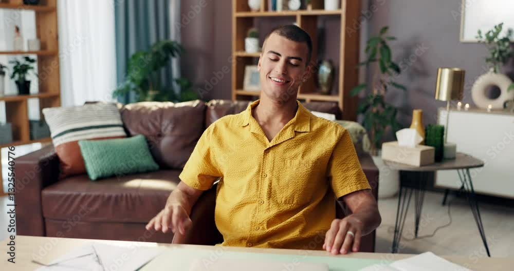 Poster stretching, relax and man in home, remote work or done with project in living room or web designer. 