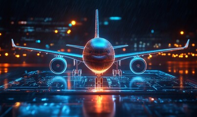 a modern airplane on a digital circuit board lit up with blue and orange lights
