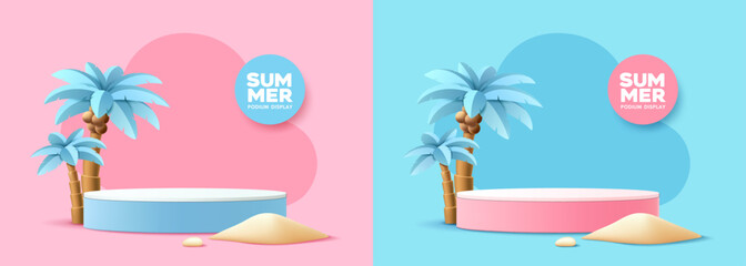 Summer podium display, coconut tree, light blue and pink two collections design background, EPS 10 vector illustration