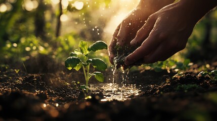 Fototapeta premium Planting a Seedling Hands Nurturing New Life in Soil with Sunlight and Water