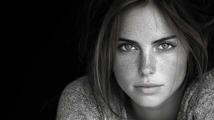 Fototapeta premium Striking Portrait of Freckled Woman Displaying Beauty and Confidence in a Monochrome Composition