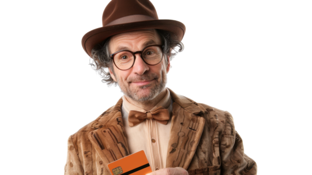 Smiling senior man showing credit card on transparent background