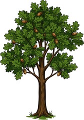 Fototapeta premium Oak Tree with Acorns Cartoon Illustration Against White Background