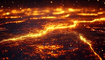 Glowing lines of fiery elements flowing across a surface
