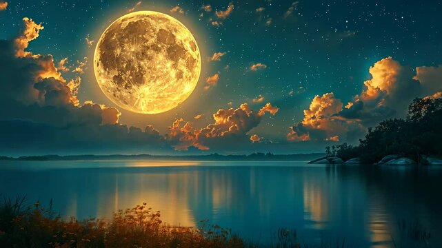 夜の穏やかな海に輝く満月の風景1