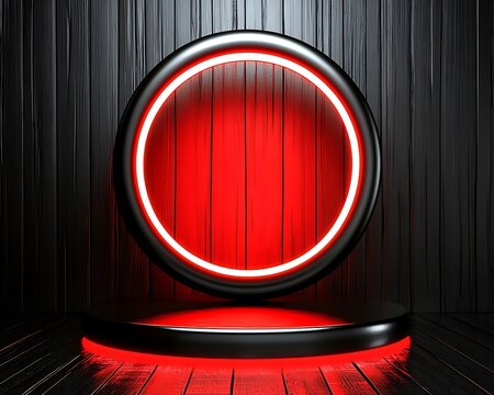 Illuminated glowing red circular design set against a dark wooden background