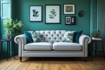 Elegant light grey buttoned sofa in a teal room.