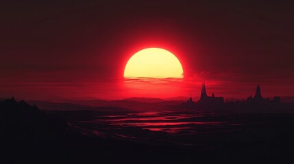 Obraz premium Vibrant Sunrise Over Dark Landscape with Distant Castle Silhouettes