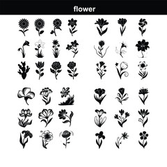 Scandinavian flower elements. Scandi style doodle plants, leaves flowers and branches vector set. flower silhouettesFlowers icon set. Flowers isolated on transparent background. Flowers in modern simp