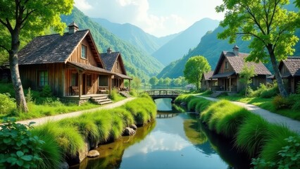Obraz premium Serene Lakeside Cottages Nestled Amongst Lush Greenery and Rolling Mountains with a Picturesque Wooden Bridge