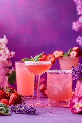 Vibrant Spring Cocktail Spread with Pink Gin Tonic, Neon Shots, and Lavender Hugo  
