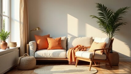 Fototapeta premium Sunlit Living Room with Comfortable Sofa and Armchair, Featuring Warm-toned Pillows and a Woven Rug