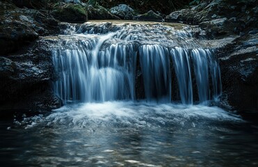 Fototapeta premium Serene Waterfall Flowing Gently Over Rocks in a Peaceful Forest Setting Surrounded by Lush Greenery and Natural Beauty in Soft Light