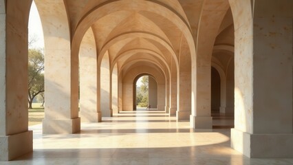 Sunlit Colonnade A Serene Architectural Perspective of Graceful Arches and Tranquil Outdoor Setting