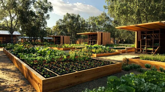 Thriving community garden with growing vegetable beds in lush landscape panorama