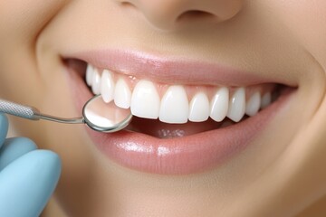 Close-up of healthy, bright white teeth, dental mirror in view. Perfect for dental websites, health articles, and advertising, showcases teeth whitening.