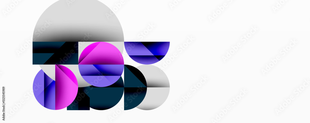 Poster Abstract geometric design with intersecting circles, triangles, squares and sharp angles creating a layered composition with gradients, depth, and contrast