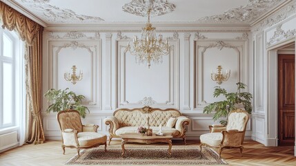 Elegant living room with antique furniture, chandelier, and ornate walls.
