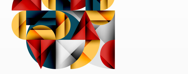 Abstract geometric artwork with overlapping circles and gradients, circle square triangle shapes background featuring sharp angular cuts, smooth shading, and structured layered composition