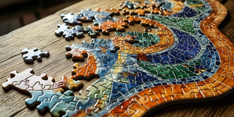 Colorful puzzle being assembled on wooden table, creating mosaic pattern