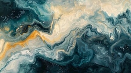 Abstract art painting with swirling teal, cream, and gold colors.