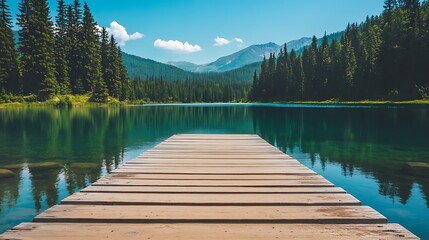 Obraz premium Wooden dock on serene lake reflecting forest and mountains, inviting leisure/travel imagery