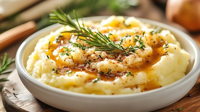 Delicious close-up of creamy mashed potatoes with gravy and herbs for a festive Thanksgiving dinner