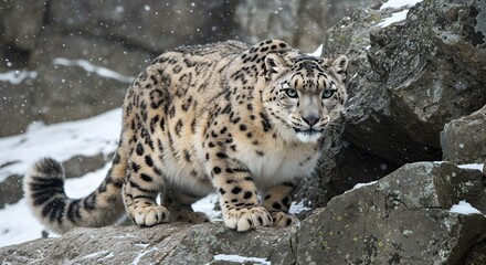 Obraz premium Snow Leopard in Rocky Alpine Habitat During Light Snowfall
