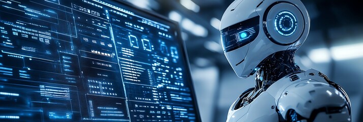 Robot Analyzing Data on Computer Screen Demonstrating Artificial Intelligence Future