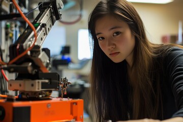 A female mechanical engineer tests a new robotic arm in an advanced lab. She carefully adjusts the components to improve precision and efficiency.