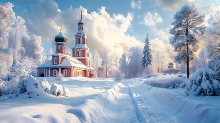 Cultural landscape featuring a stunning Russian onion dome in a winter setting with snow-covered trees and serene skies