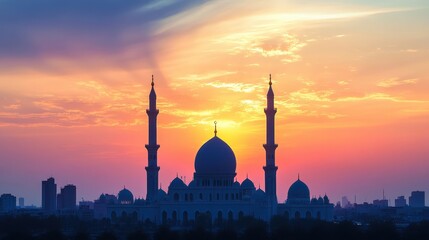 Obraz premium Majestic mosque silhouetted against a vibrant sunset, city skyline in the background. Ideal for projects related to religion, peace, or Islamic culture.