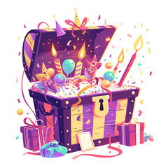 Whimsical and festive cake and sweets candy birthday-themed illustrations and celebratory elements in a playful doodle style.