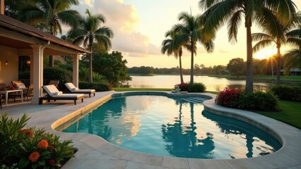 Serene Sunset Vista Luxurious Poolside Relaxation with Tropical Landscaping and Tranquil Water View