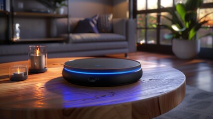 Modern Smart Home Device on Wooden Table in Cozy Living Room