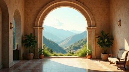 Fototapeta premium Serene Architectural Vista A sunlit interior space featuring a grand arched window offering breathtaking panoramic mountain views, complemented by elegant potted plants and a rustic wooden bench.
