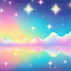 Fototapeta premium Holographic fantasy rainbow background with clouds and stars. Pastel color sky. Magical landscape, abstract fabulous pattern. Cute candy wallpaper